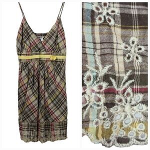 Girls Marineblu Brown Plaid Cami Floral Embroidered Sundress Babydoll Dress Midi